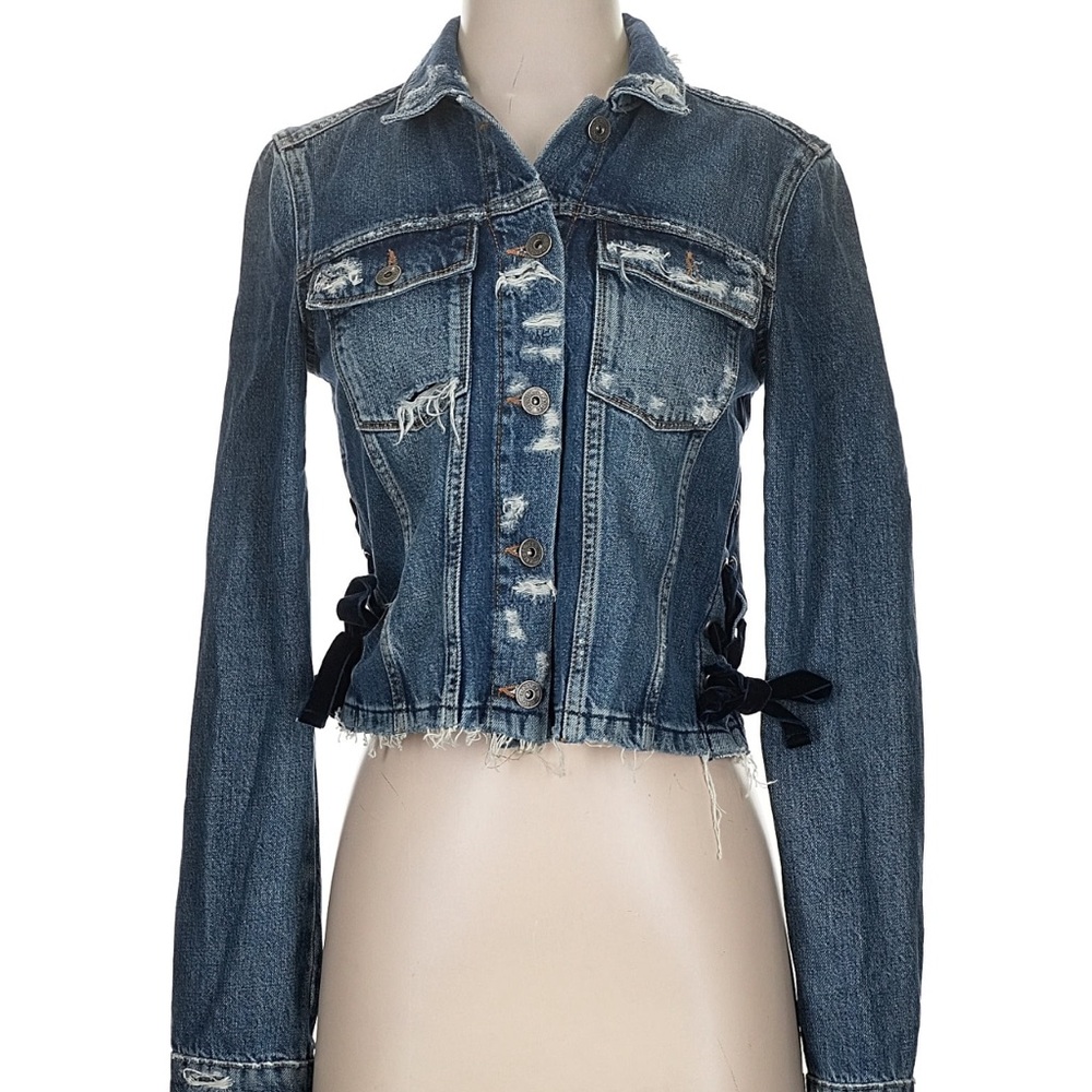 Paige xs Distressed Denim Jacket with Black Ribbon Details